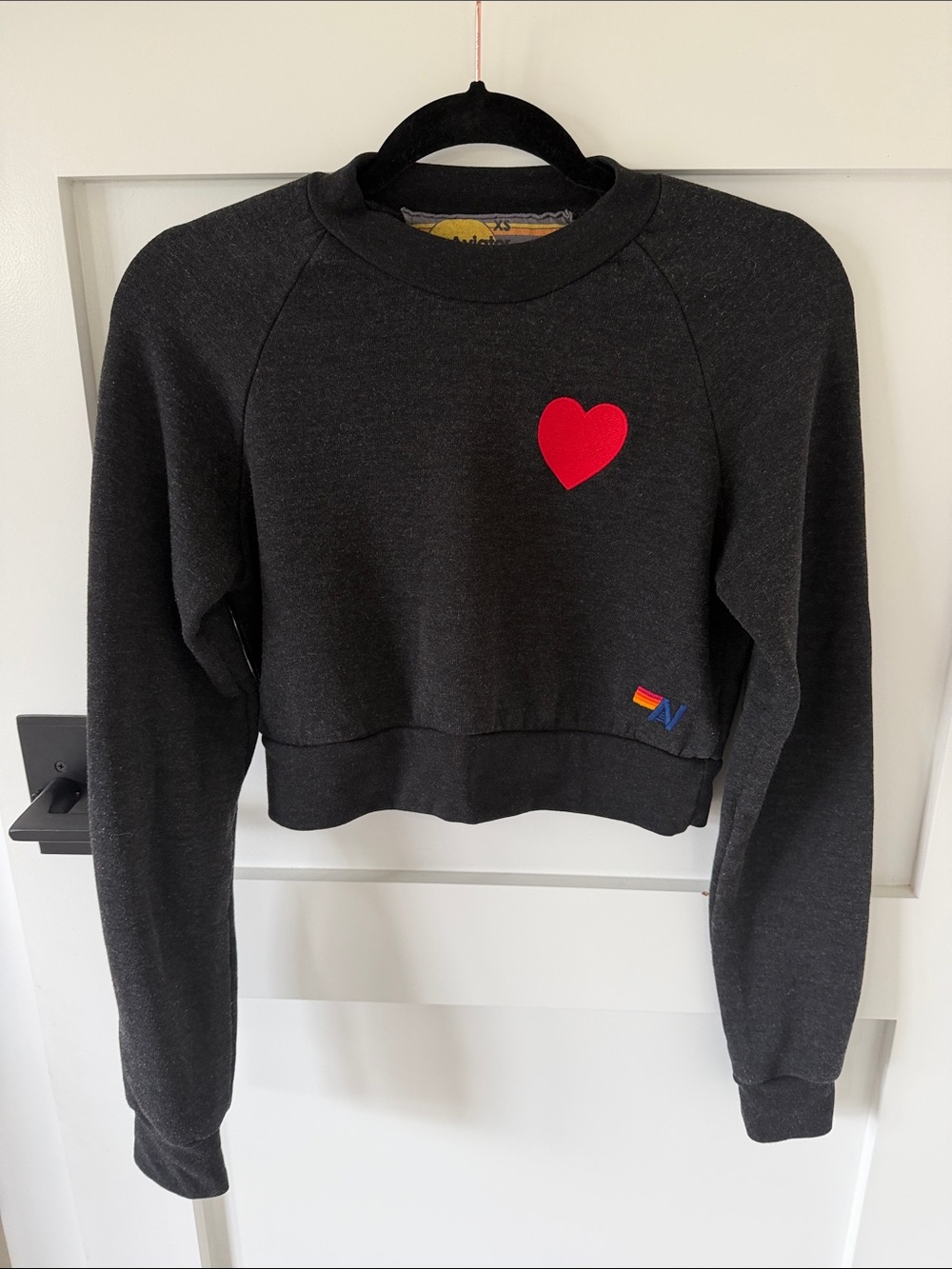 Aviator Nation Black Cropped Sweatshirt with Red Heart - XS